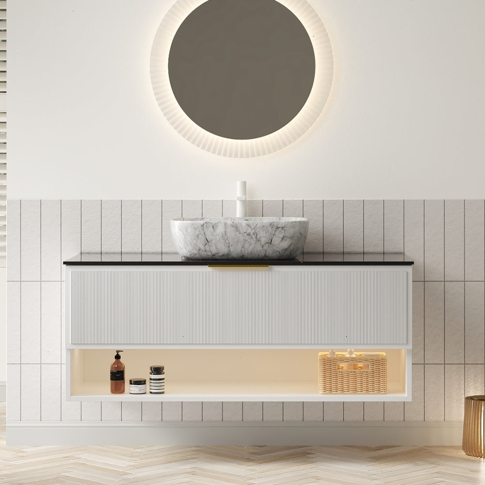 MALONE 48" Bathroom Vanity with Sink, Floating Plywood Storage Cabinet, 2 Pinstripe Drawers&Shelf, Sensor Light, Marble Pattern Ceramic Vessel Basin&Black Sintered Stone Top, Pre-assembled, White