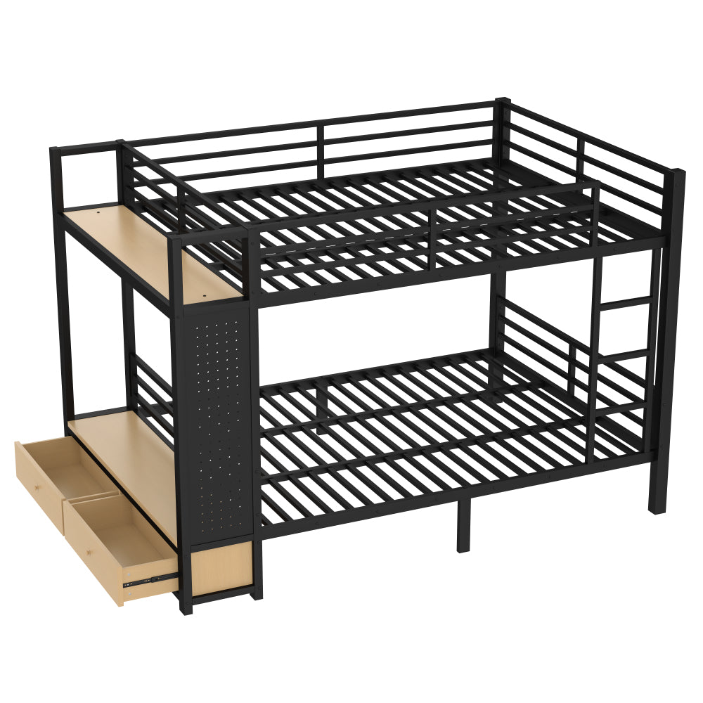 Queen over Queen size Metal Bunk Bed for Teens  with Storage Shelves ,Drawers and Pegboard,Black