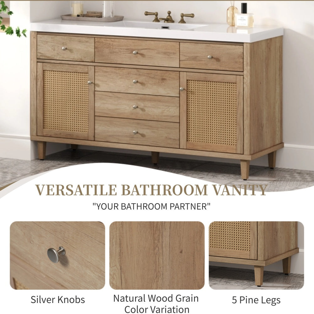60" Bathroom Vanity with SMC Sink, Modern Large Storage Bathroom Storage Cabinet with Soft Close Drawers and Rattan Doors, Silver Metal Knobs and 5 Pine Legs, Natural