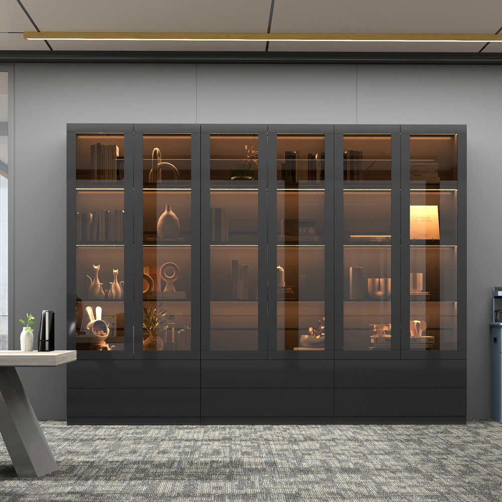 Display Cabinet with Glass Doors, Curio Storage Cabinet with 2-Drawer, Bookcase with LED Lights, Black