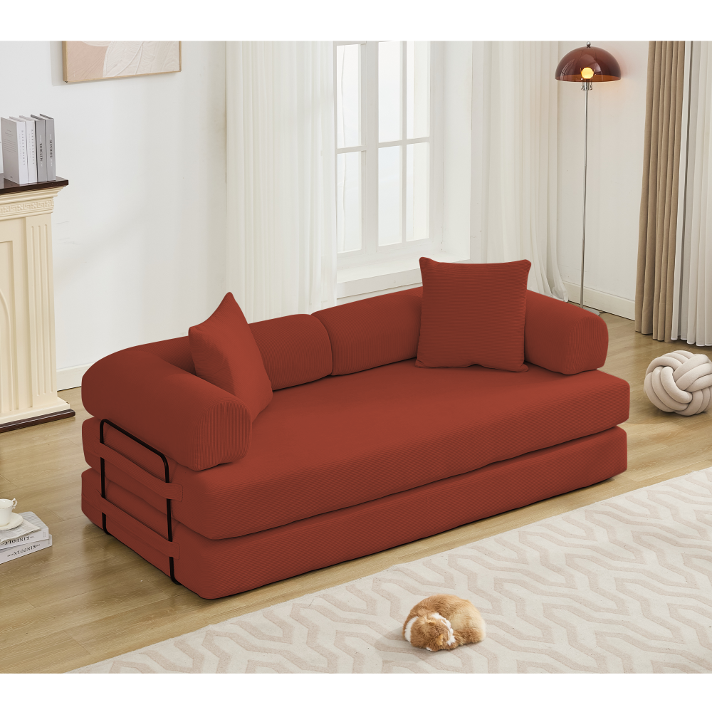 [NEW ARRIVED] [VIDEO PROVIDED] 78.5" Folding Convertible Out Sleeper Sofa Bed,5-in-1 DIY Combination Convertible  Sofa, 3 seat, Folding Sleeper Sofa, King Size , Bedroom,Apartment,Corduroy,Ancora Red
