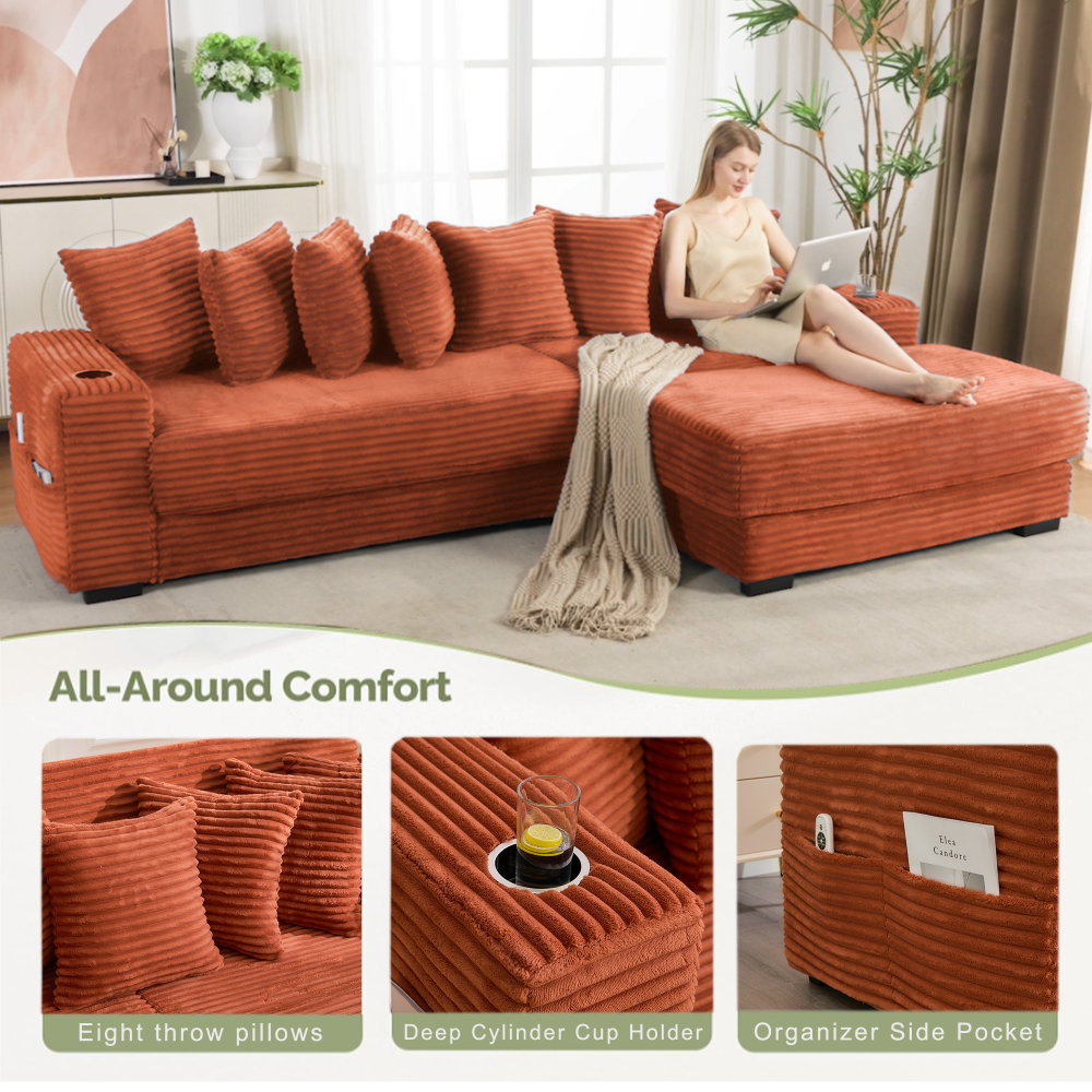 [NEW ARRIVED] [VIDEO PROVIDED]   110.75" Modular L Shaped Sofa, Corduroy Fabric Sectional Couch,With a movable footstool, Cup Holders,Bring 8 throw pillows,Side Pocket,Unfold into a Bed,Orange