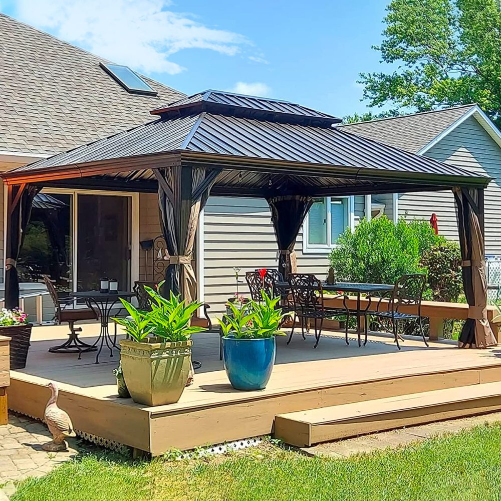 12' x 16' Hardtop Gazebo Outdoor Aluminum Gazebos Grill with Galvanized Steel Double Canopy for Patios Deck Backyard,Curtains&Netting