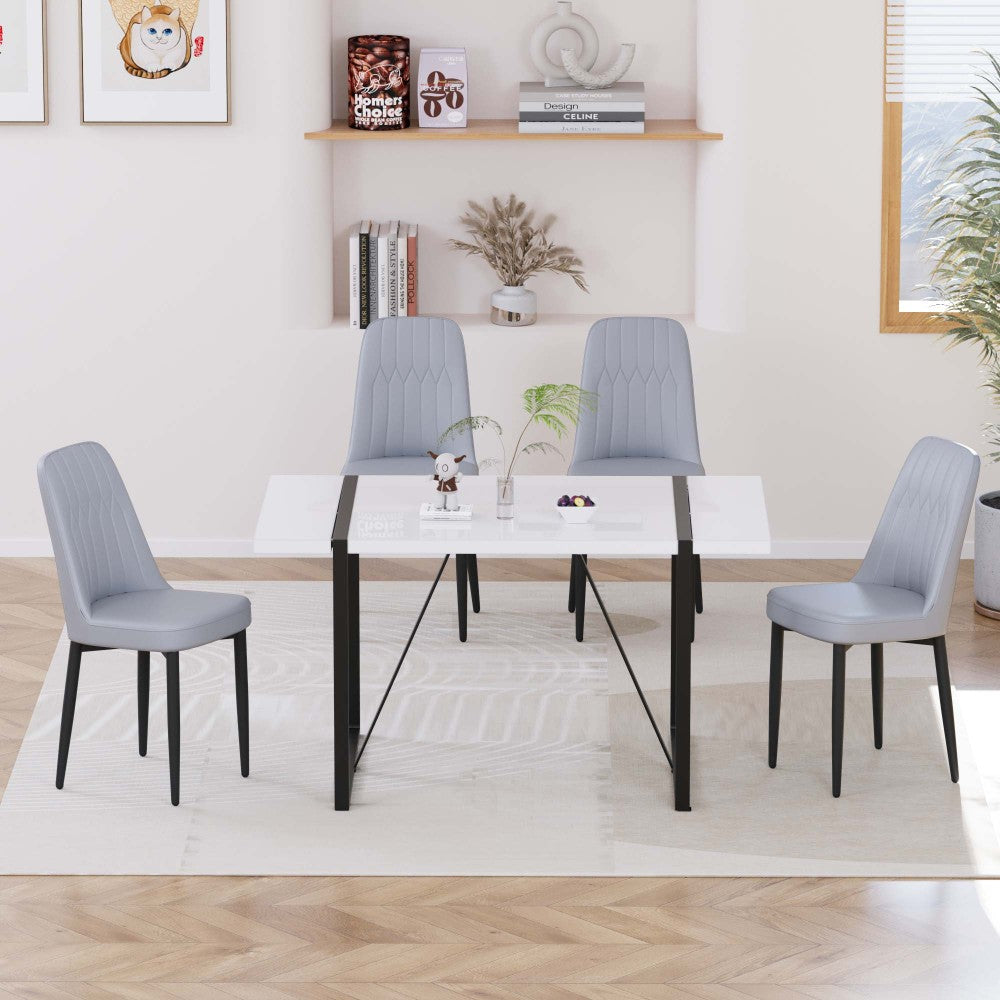 55 "4-person modern MDF dining table set, kitchen black metal leg dining table and chair set, industrial rectangular white tabletop and dining room thick padded PU dining chairs
