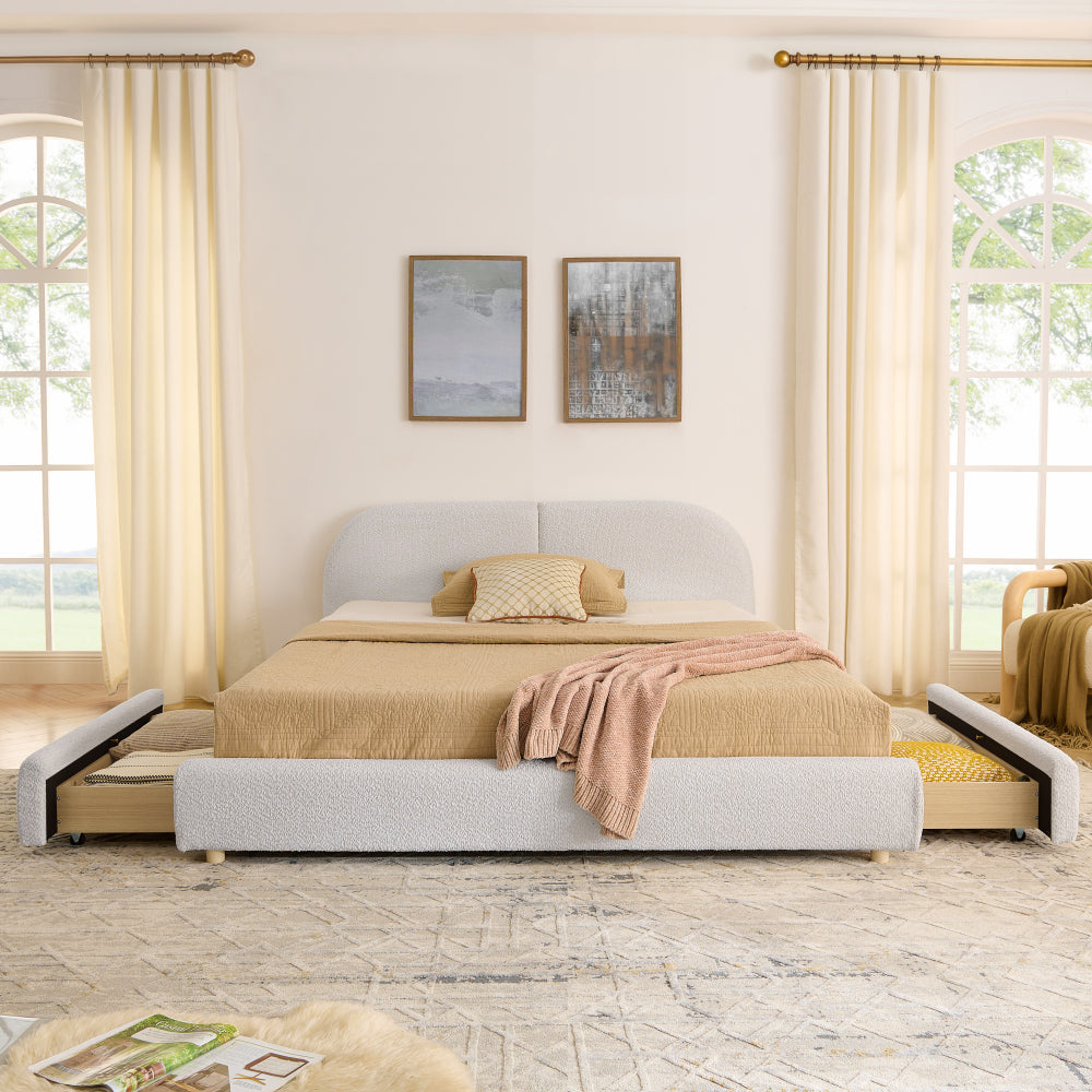 Queen Size Upholstered Bed Frame Modern Minimalist Style - Circle Yarn Fabric, Tall Curved Headboard, Sturdy Leg Support & Wheeled Drawer Storage, Mattress Not Included -Beige