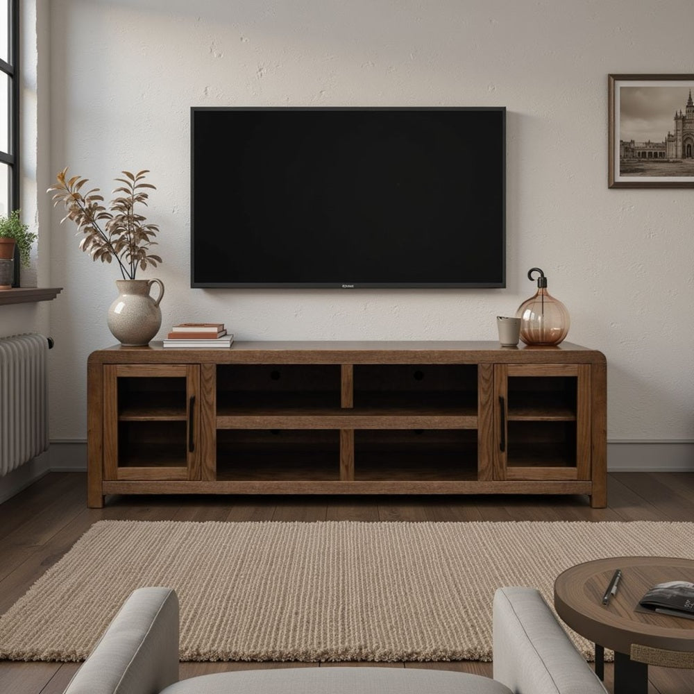 Haven 82 inch TV Stand with Glass Doors, for TVs up to 90 inches, No Assembly Required, Oak Bourbon Finish