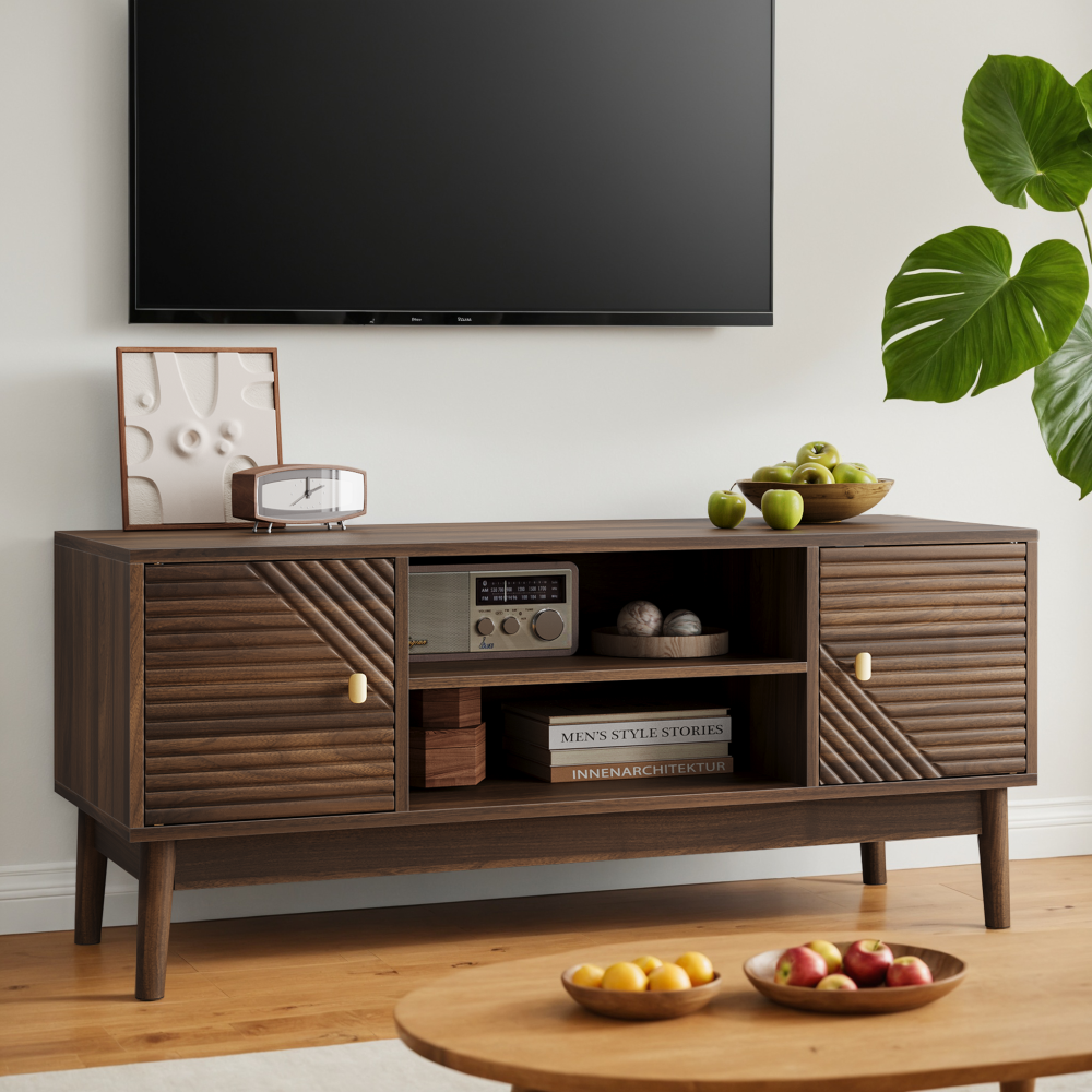 43.31 inch TV Stand, Mid-Century Modern TV Stand for 32/45 inch TV, Entertainment Center with Storage, Media Console Table for Living Room and Bedroom, Walnut