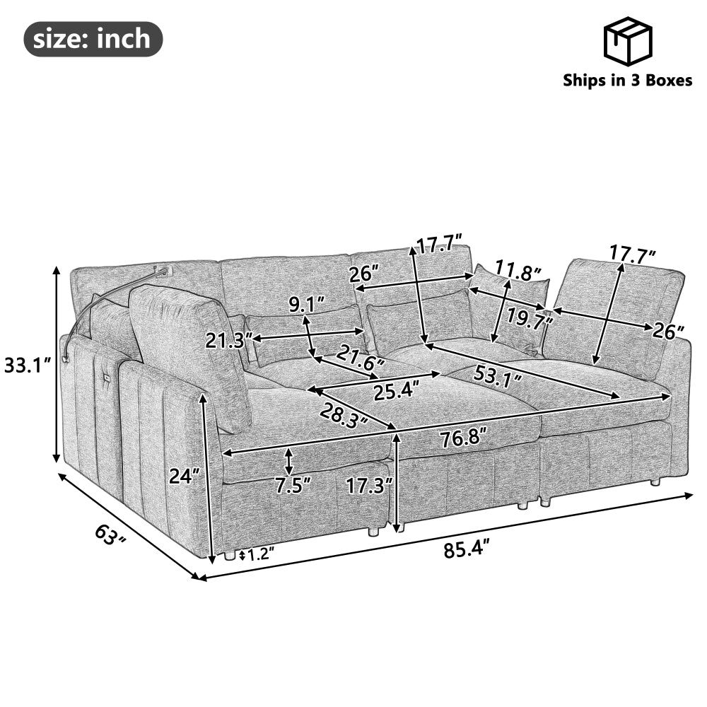 Modern Sectional Sofa Modular Sofa 85.4" U-shaped Sofa Couch Sofa Bed L-shaped Sofa with a Movable Ottoman and Two USB Ports and a Phone Holder for Living Room, Black