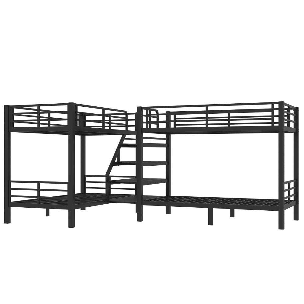 Twin L-Shaped Metal Bunk Bed with Storage Shelves and High-Quality safety Guardrail,Space-Saving,Black.
