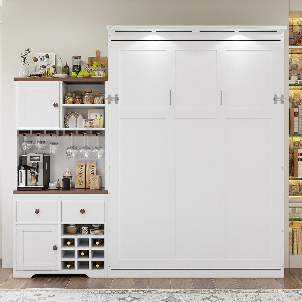 Queen Size Murphy Bed with Storage Cabinet, Wine Rack, Glass Holder, Drawers and Multi-Color LED Strip, White