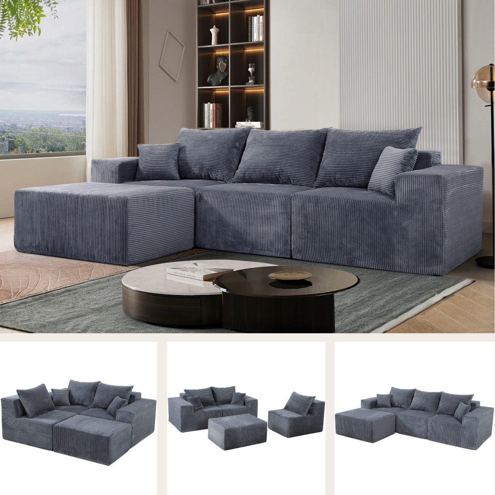 4-Piece Modular L-Shaped Sectional Sofa, No Assembly Needed, Convertible Couch with Spacious Chaise Lounge, Premium Corduroy Upholstery, Flexible Layout for Living Room or Apartment, Grey