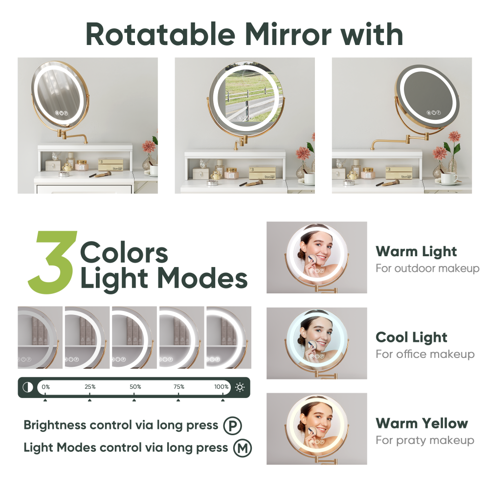 White Makeup Vanity Desk  with Round Mirror and Lights, 2 in 1 Nightstand, Dressing Table with a Chair