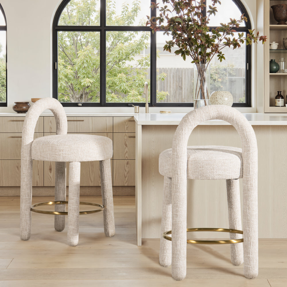 Penny 26.5" Round Arched Upholstered Counter Stool, Set of 2, Travertine Beige Chenille