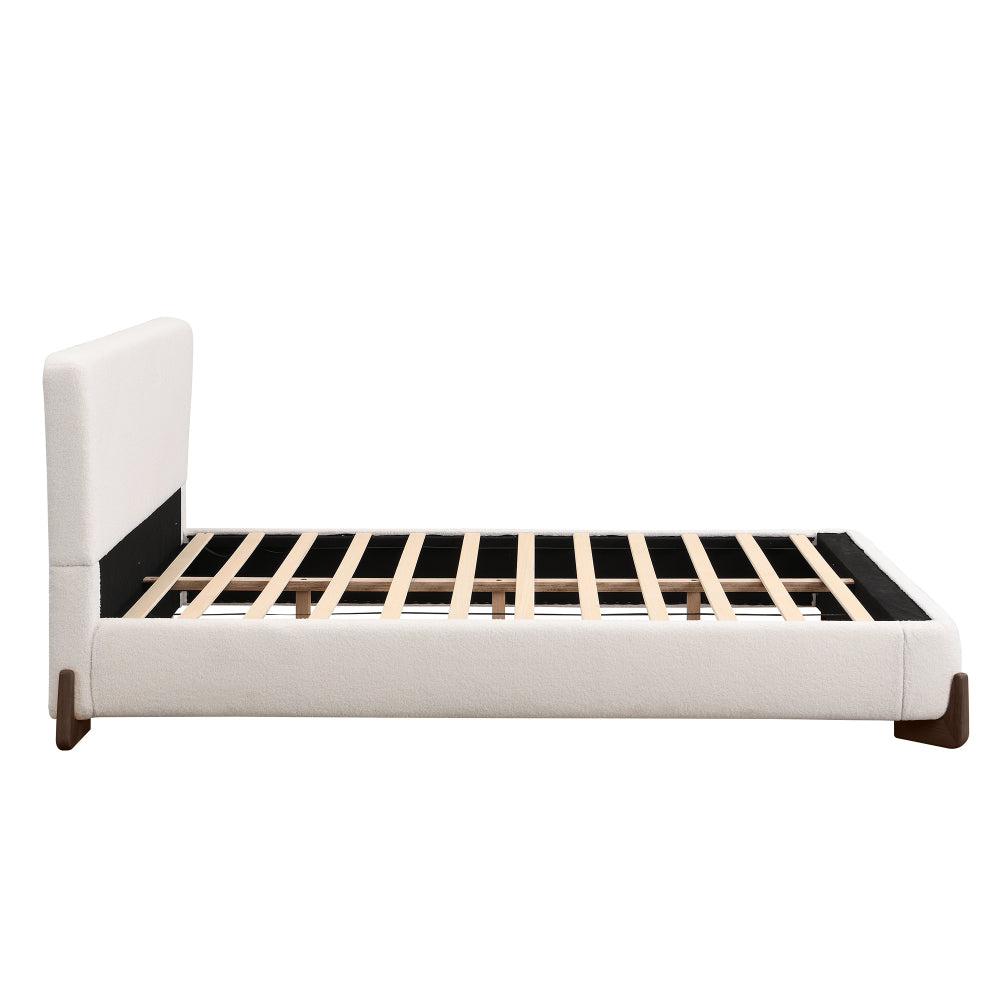 Elegant terry upholstered bed with dark brown solid wood legs, luxurious and comfortable bedroom centerpiece, queen size, white