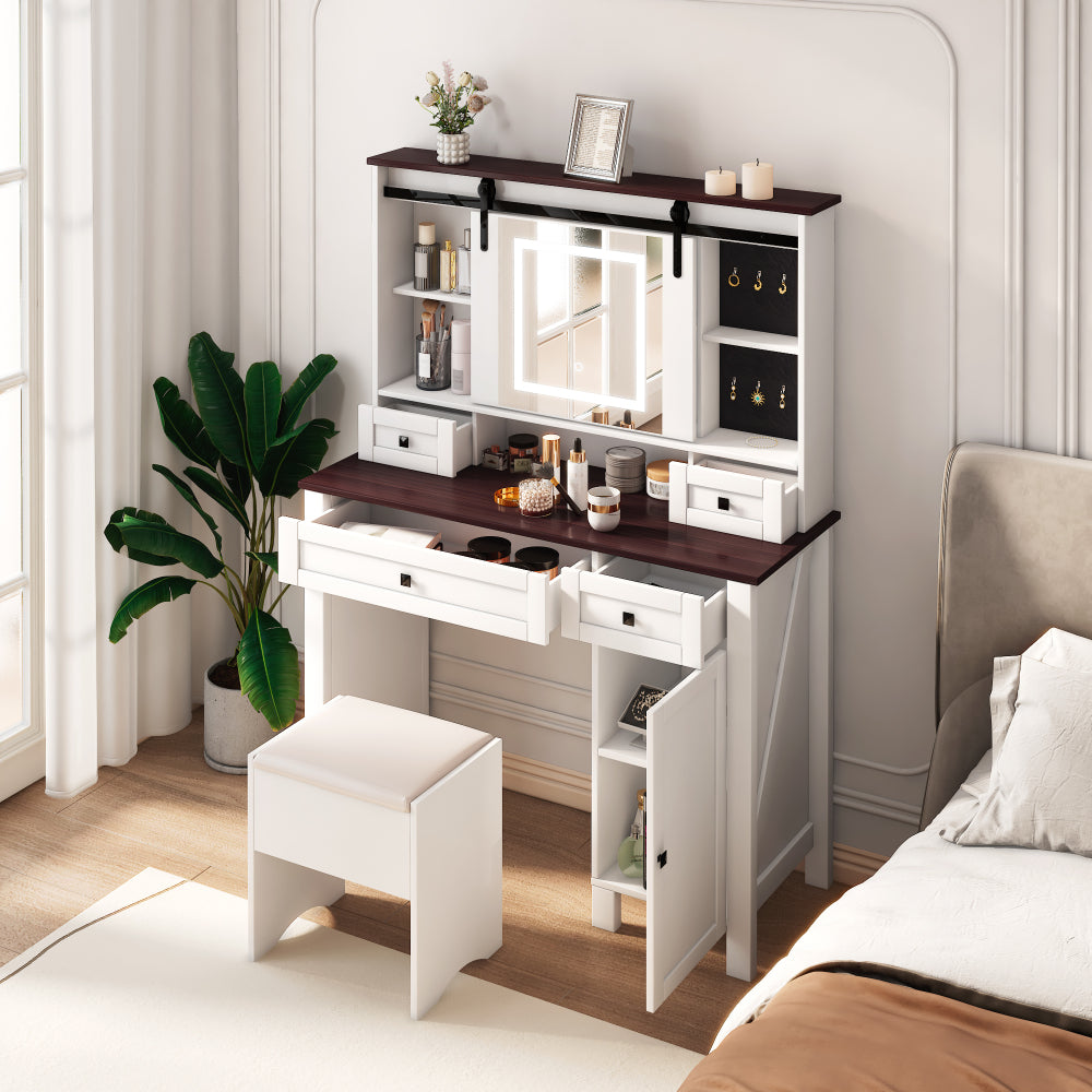 Farmhouse Makeup Vanity with Mirror and Lights,41.73" Wide Vanity Desk ,Vanity Table with 4 Drawers and 1 Cabinet,3 Color Modes, Dressing Table for Bedroom