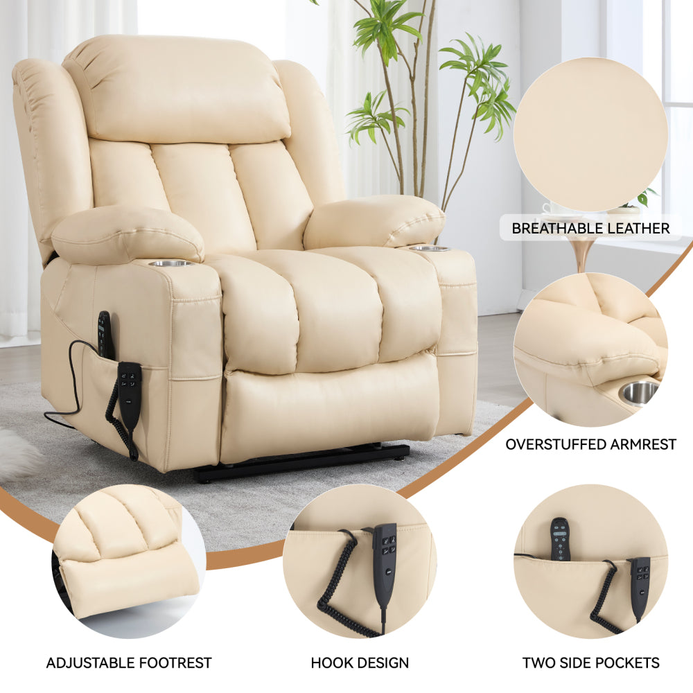 Dual Motor Infinite Position Up to 350 LBS Leatherair Power Lift Recliner Chair, Heavy Duty Motion Mechanism with 8-Point Vibration Massage and Lumbar Heating, Stainless steel Cup Holders, Beige