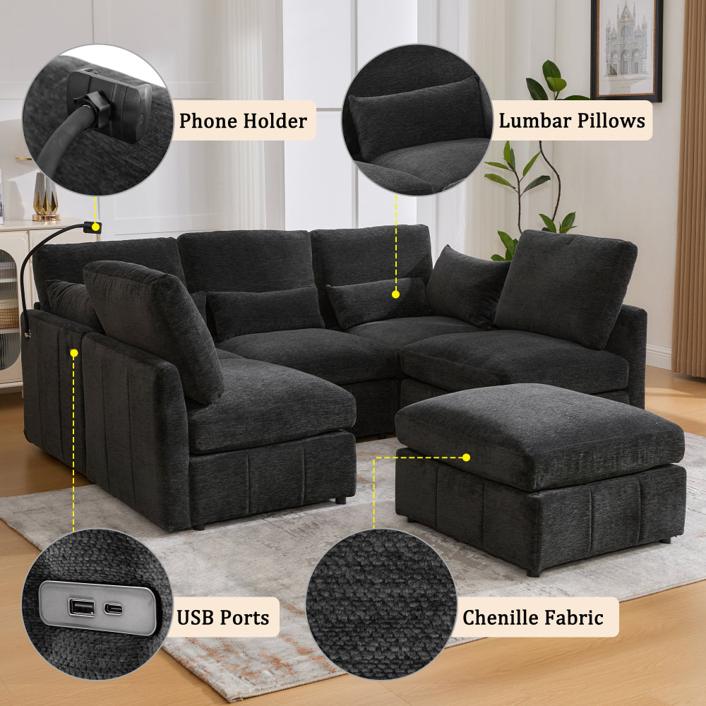 Modern Sectional Sofa Modular Sofa 85.4" U-shaped Sofa Couch Sofa Bed L-shaped Sofa with a Movable Ottoman and Two USB Ports and a Phone Holder for Living Room, Black