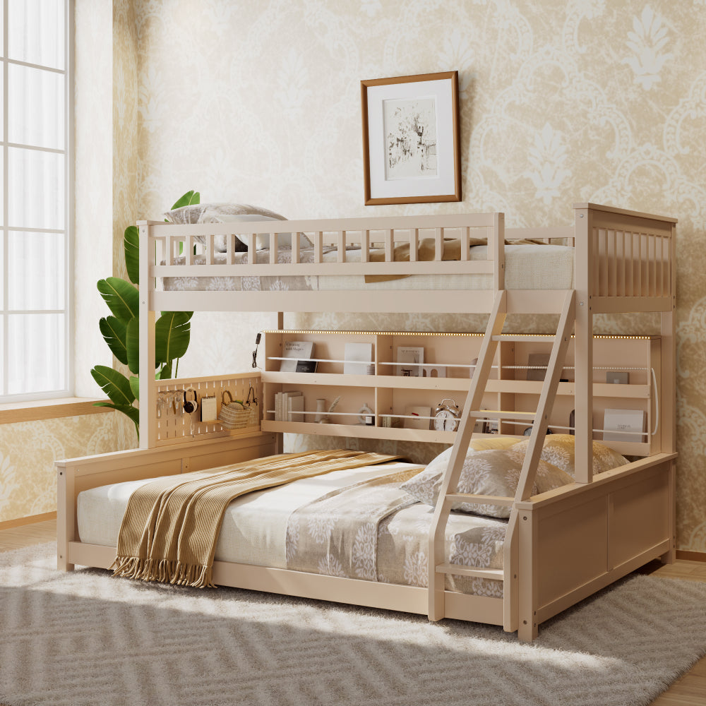 Twin XL over Queen Bunk Bed with Integrated Shelving, Color-Changing Lights and Pegboard, Beige