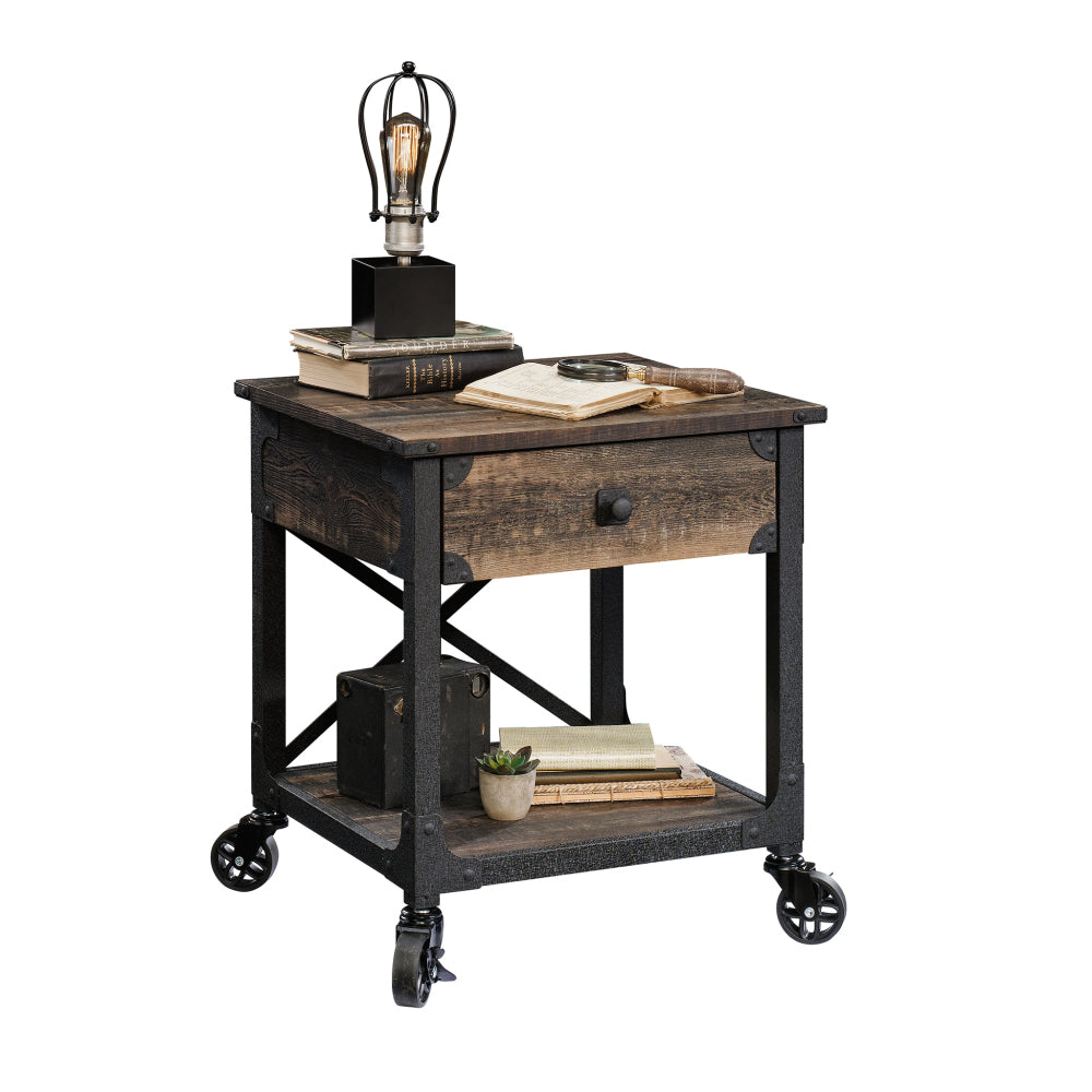 Sauder Steel River Side Table, L: 22.44" x W: 21.65" x H: 23.11", Carbon Oak Finish