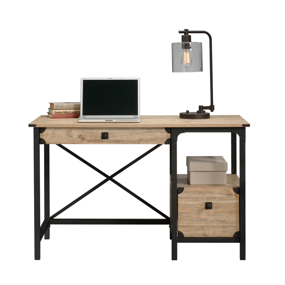 Sauder Steel River Rustic Industrial Metal & Wood Pedestal Desk with Storage Drawers and Open Shelf, Coated Metal and Milled Mesquite