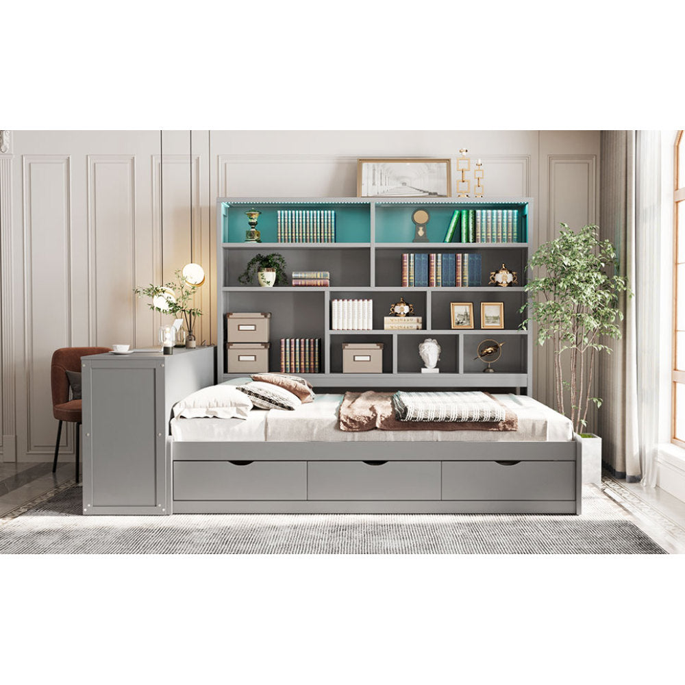 Full Size Wooden Daybed With Three Drawers ,Desk ,Shelves and Lights,  Gray