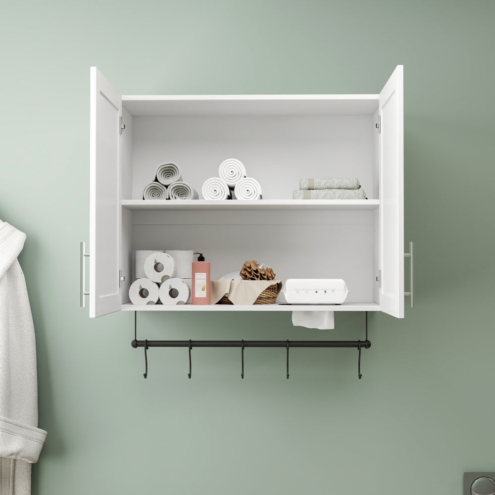 Bathroom Wall Cabinet with Adjustable Shelf, Towel Bar, 5 Hooks, Over The Toilet Storage Cabinet for Bathroom, Kitchen, White