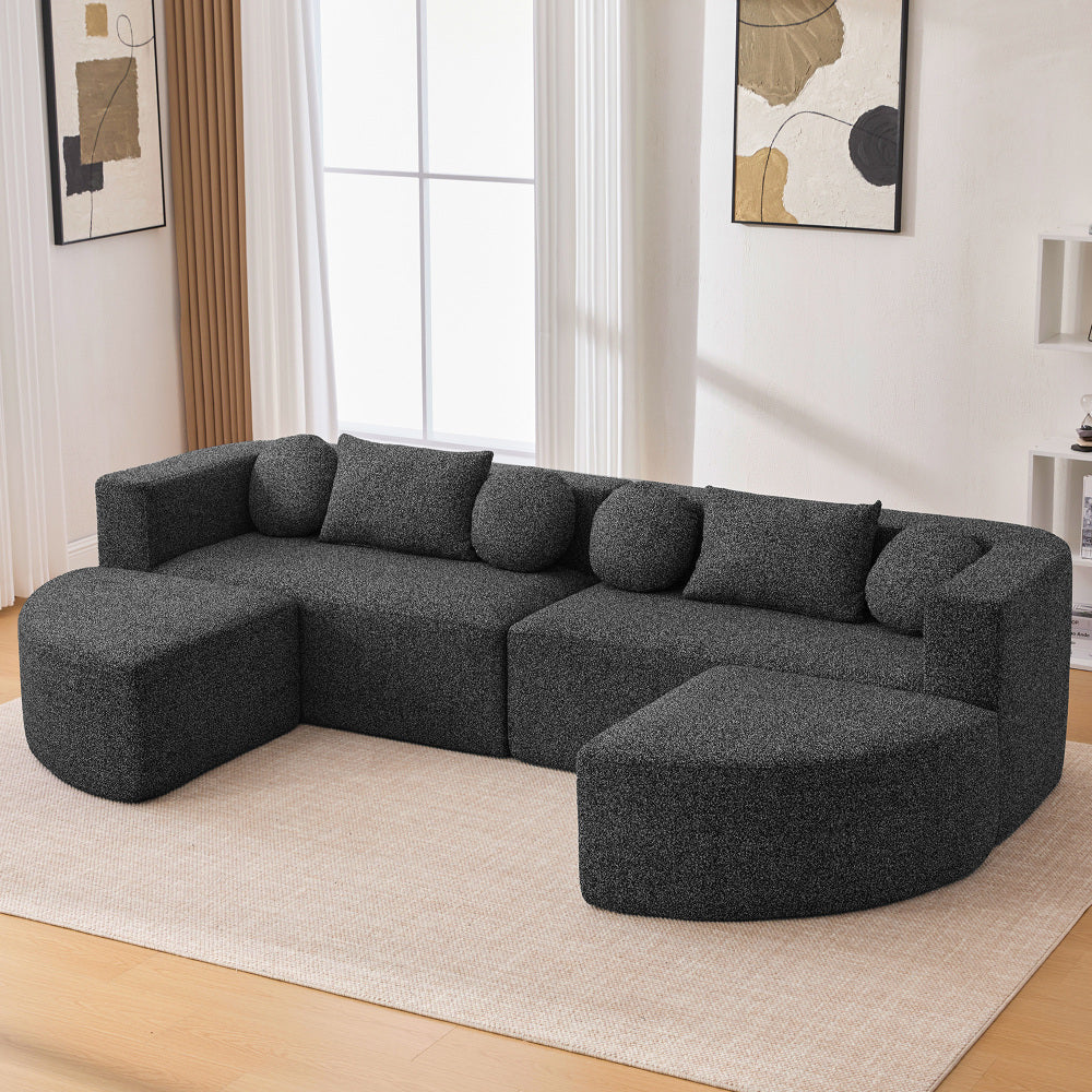 Boneless Couch Modular Sectional Sofa 114.9" Free-combined Sofa Couch Sofa Bed Compression Sofa with Deep Seating and Curved Design for Living Room, Black