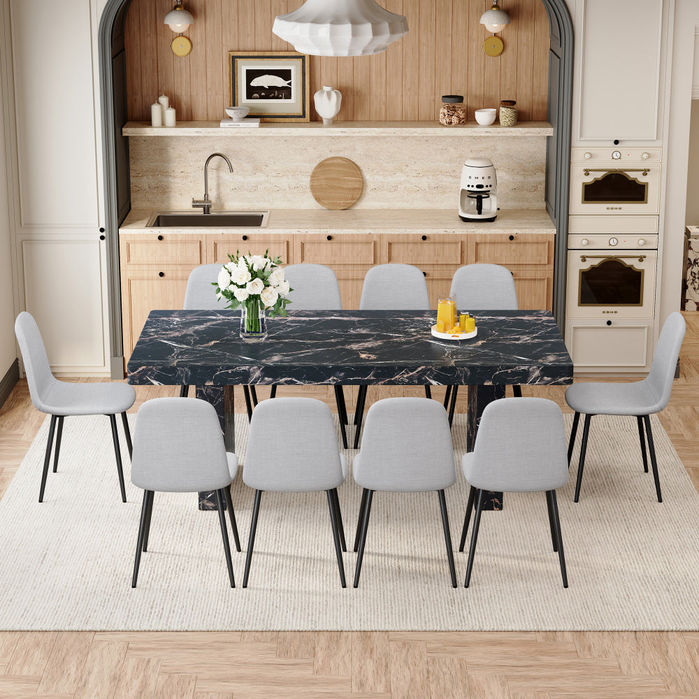 Table and chair set.78.7"*39.4"*29.9"inches MDF Luxurious Black Marble Pattern Dining Table,With a 3.5-inch thick tabletop.Paired with 10 Light Gray Linen Fabric Chairs With Black Sturdy Metal Legs.