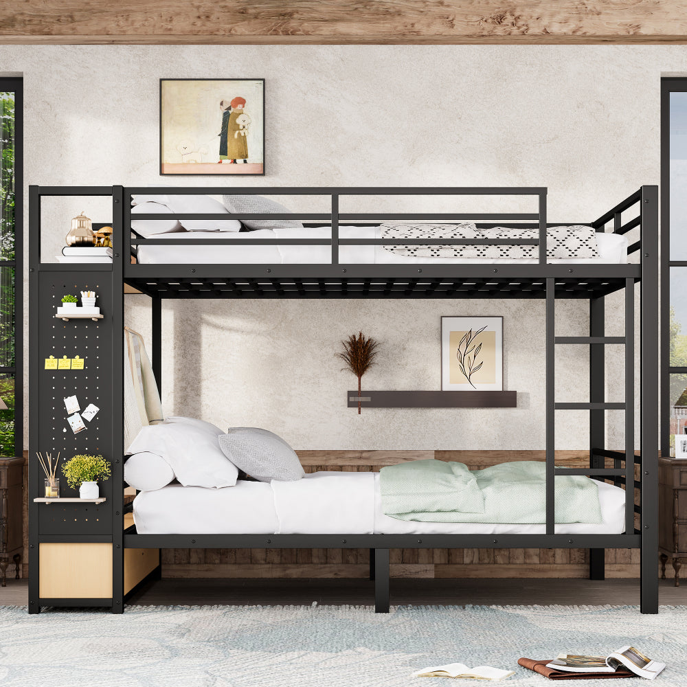 Queen over Queen size Metal Bunk Bed for Teens  with Storage Shelves ,Drawers and Pegboard,Black
