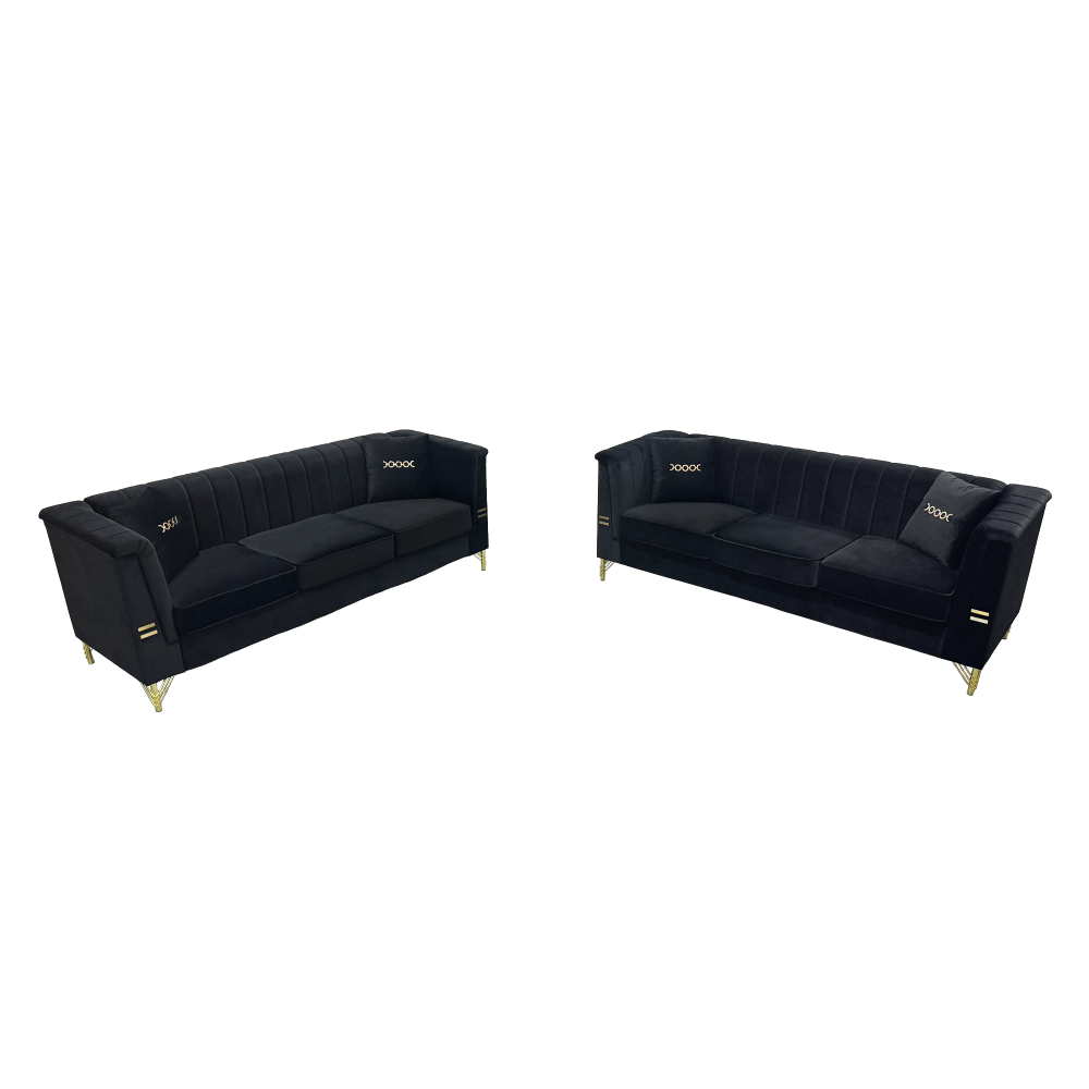 FX-P82-2PC SOFA -BK3  Black Velvet Sofa Set of 2, Two Modern 3-Seater Sofas with Plush Cushions & Gold-Tone Metal Legs  Stylish Living Room Couch Set for Homes, Apartments, and Guest Areas