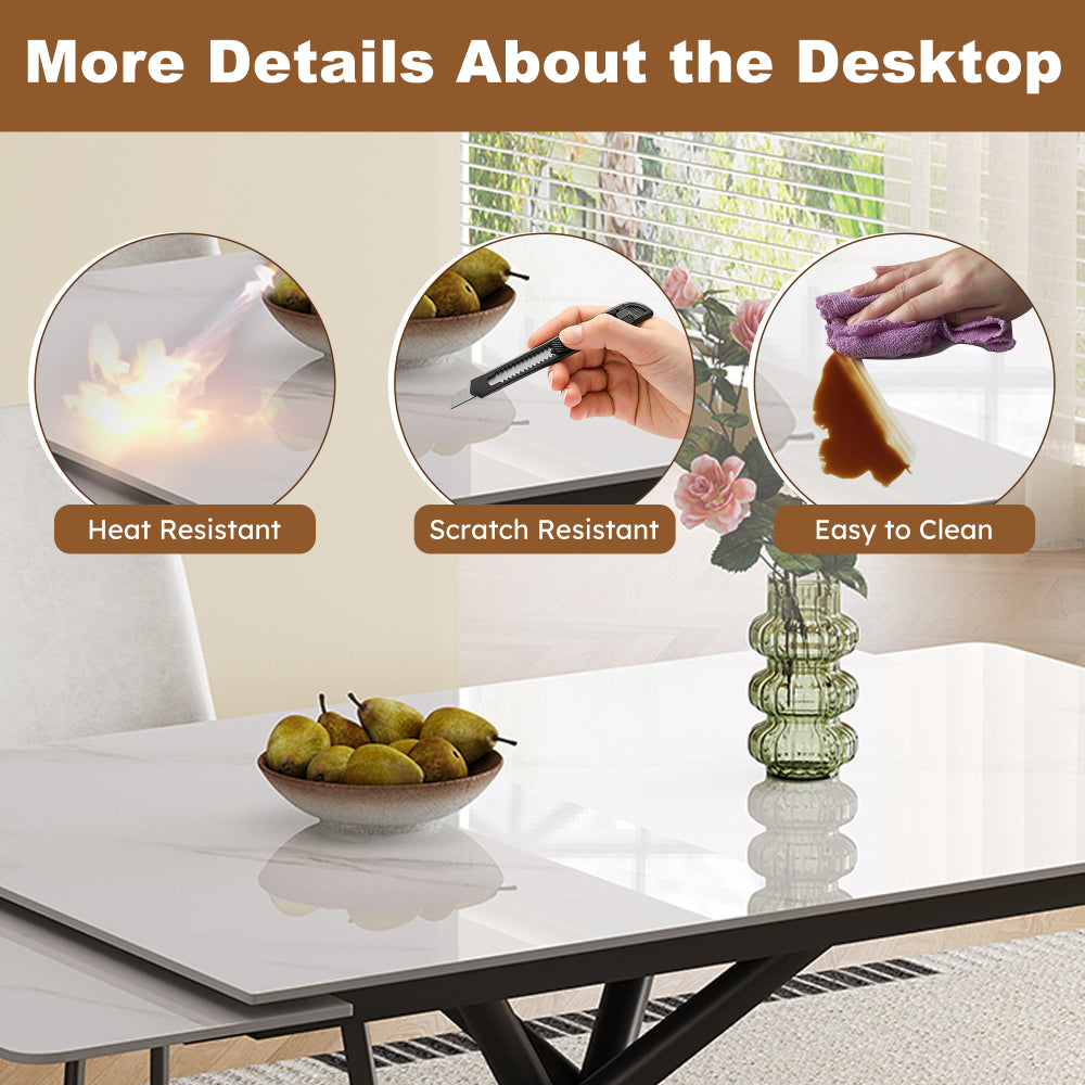 Retractable Sintered Stone Dining Table Set,It features a modern rectangular design, with black carbon steel table legs and a cross-leg structure at the bottom(Table + 4 Chairs)