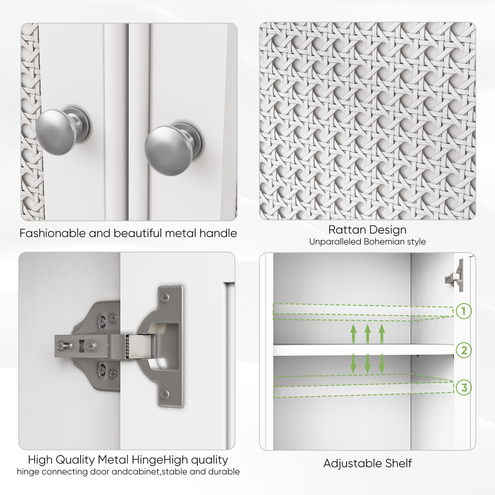 White two door rattan storage cabinet with adjustable partition, medieval modern independent buffet cabinet, multifunctional decorative cabinet suitable for living room, kitchen, bathroom, corridor