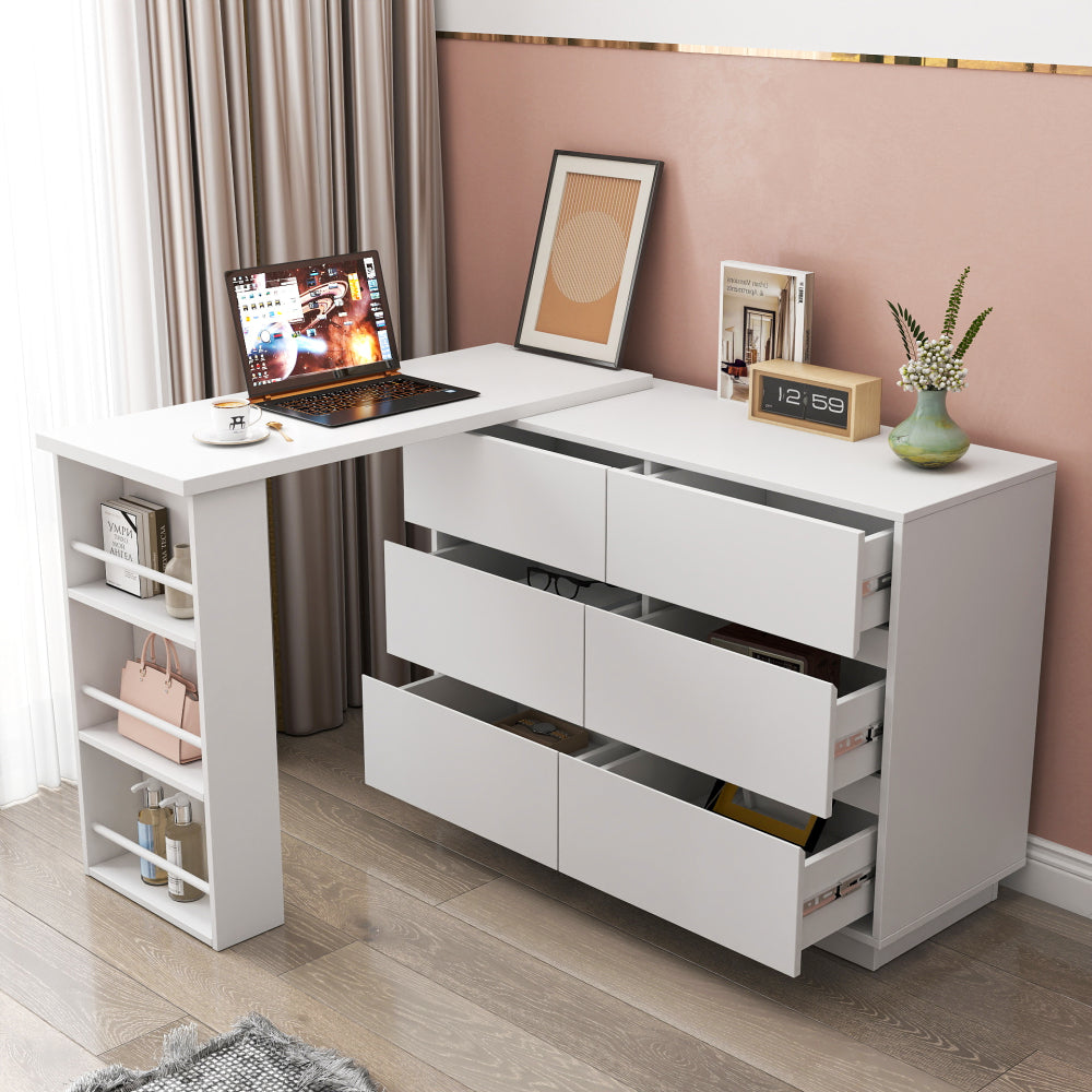 L-Shaped Desk and Vanity Combo with 6 Drawers, Extendable Tabletop, and Large Capacity Storage for Office and Bedroom Makeup