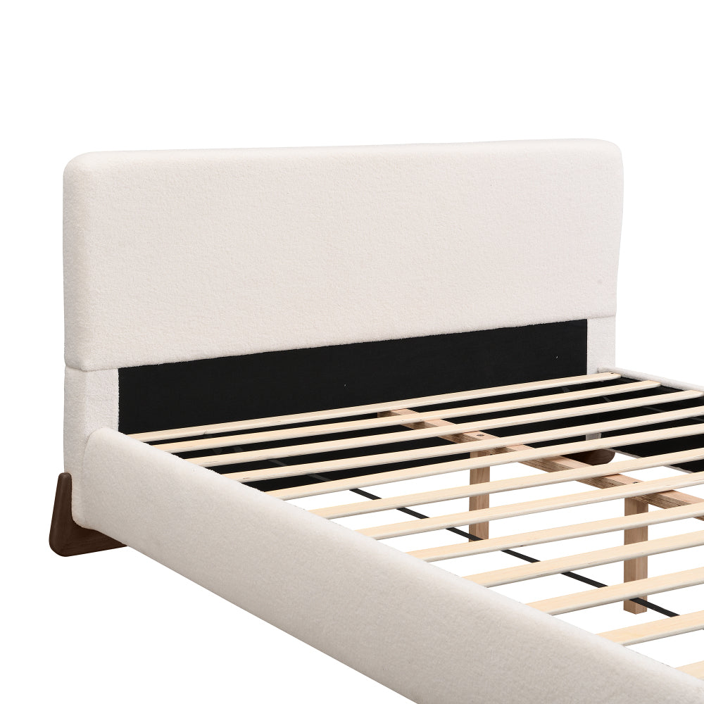 Elegant terry upholstered bed with dark brown solid wood legs, luxurious and comfortable bedroom centerpiece, queen size, white