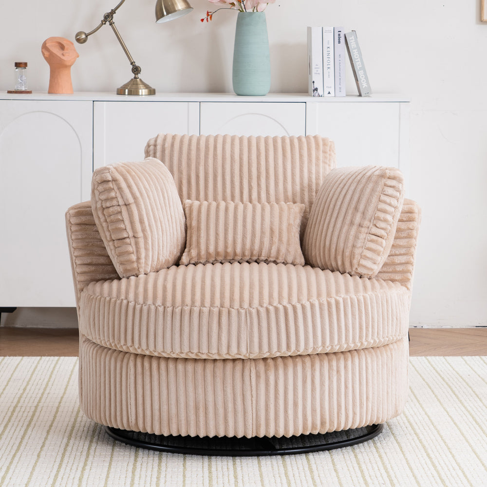 Oversized 360 Degreed Swivel Accent Chair Modern Soft Plush Corduroy Round Barrel Chair for Living Room Bedroom with Pillows, Orange