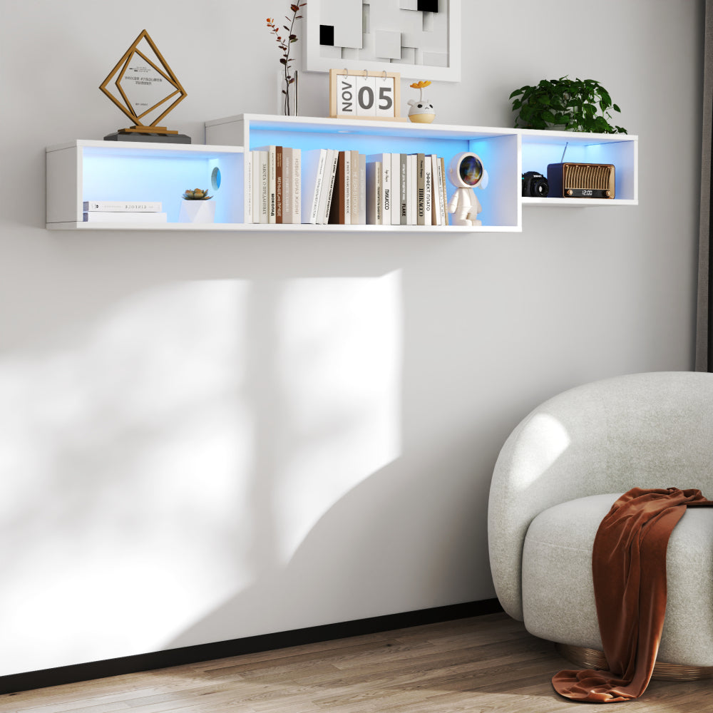 65.35in Wall Mounted Floating  TV Stand with 20 Color LEDs and Charging Station