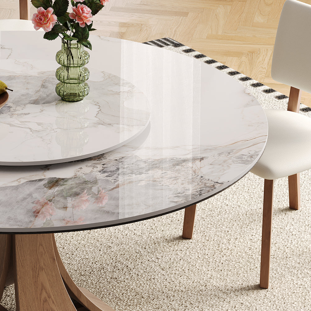 59-inch Modern Sintered Stone Dining Table, Equipped with a 35-Inch Round Turntable, Seating 6-8 People, with a Unique Walnut-colored Wooden Base
