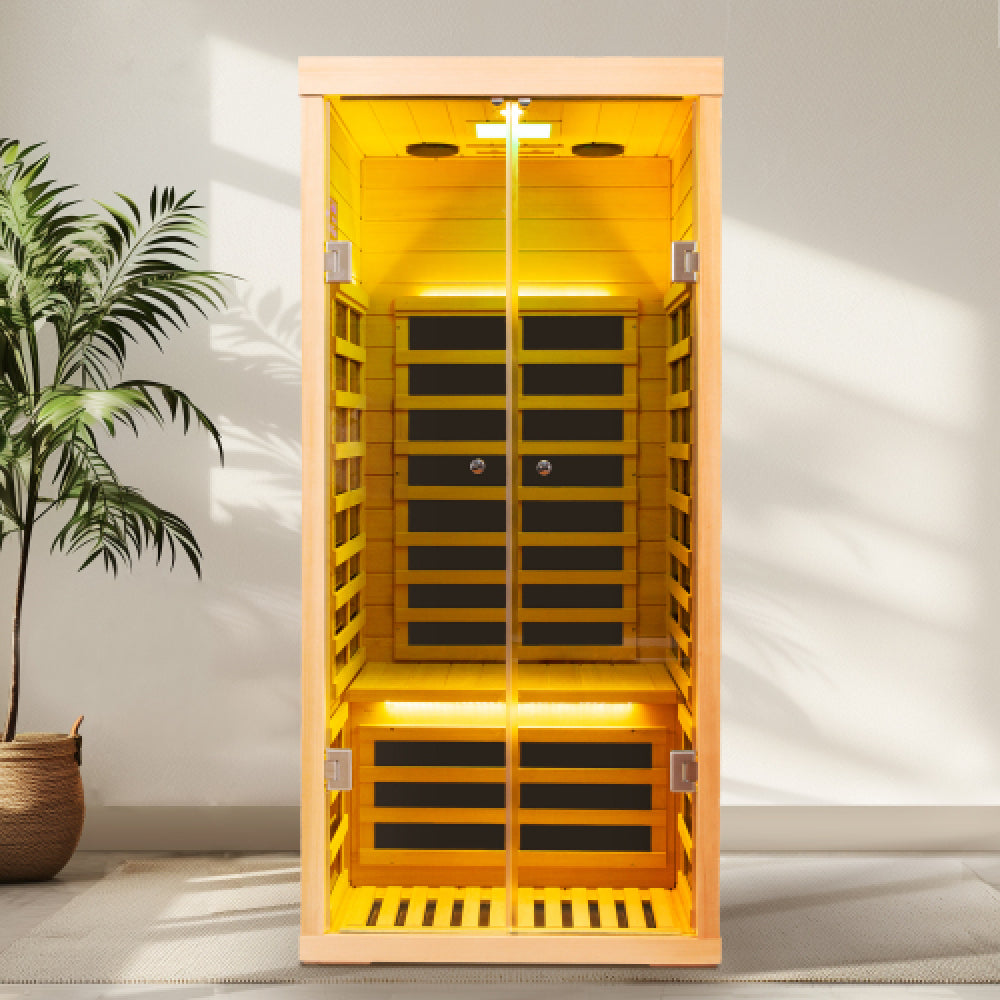 One person large glass hemlock sauna