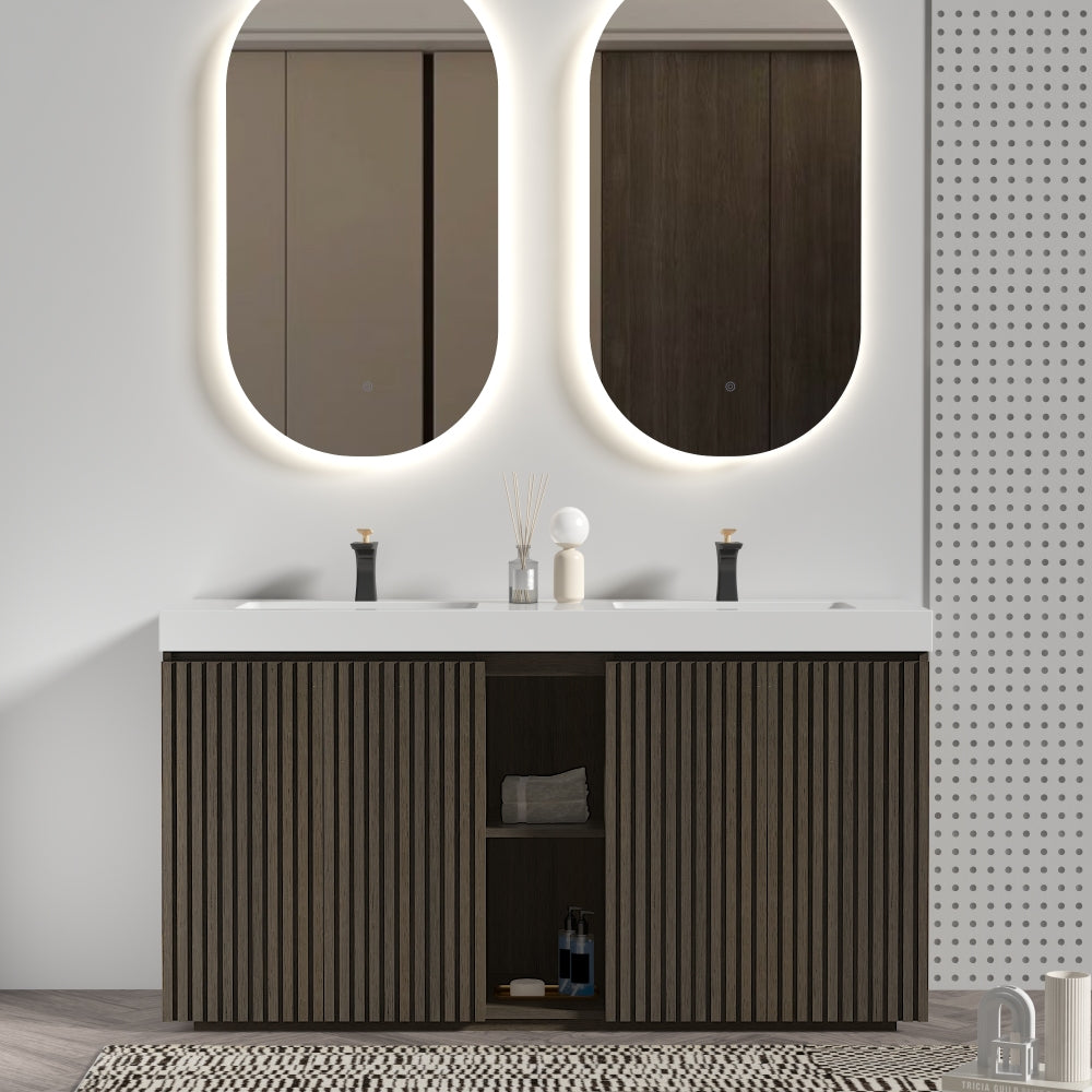GALAN60F" Smoked Oak  Bathroom Vanity with Sink, Large Storage Freestanding Bathroom Vanity for Modern Bathroom, One-Piece White Sink Basin without Drain and Faucet, KD
