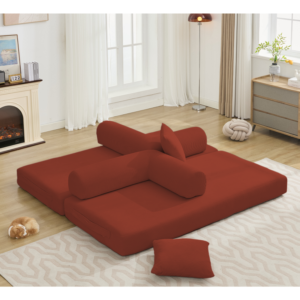 [NEW ARRIVED] [VIDEO PROVIDED] 78.5" Folding Convertible Out Sleeper Sofa Bed,5-in-1 DIY Combination Convertible  Sofa, 3 seat, Folding Sleeper Sofa, King Size , Bedroom,Apartment,Corduroy,Ancora Red