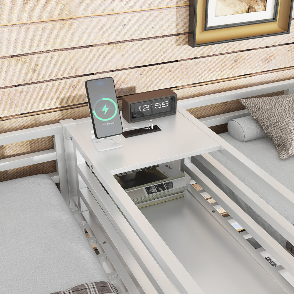 Twin Over Twin Metal Loft Bed with Double Desk and Wardrobe and Shelves with Electrical Outlet for Space Saving and Noise Reduction,White