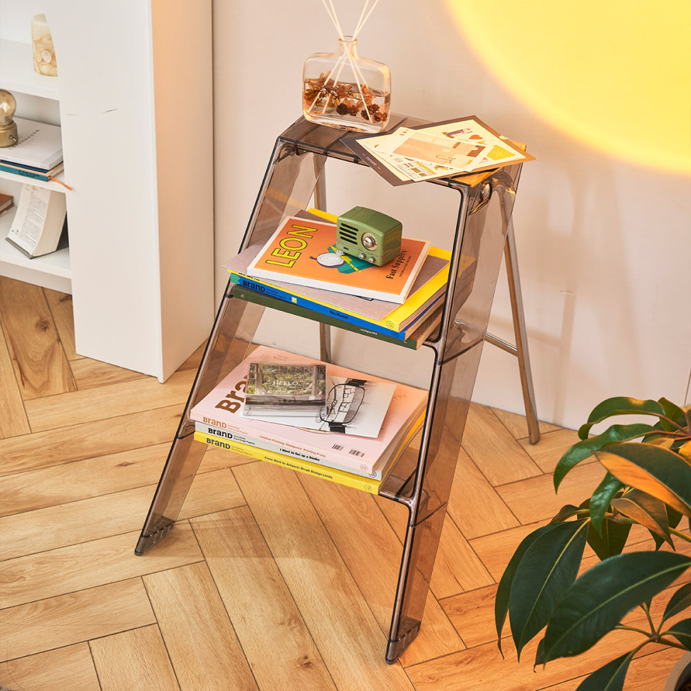 Home folding ladder frame indoor (brown)multi-functional thick folding ladder stool simple creative anti-slip plastic edge table ladder frame