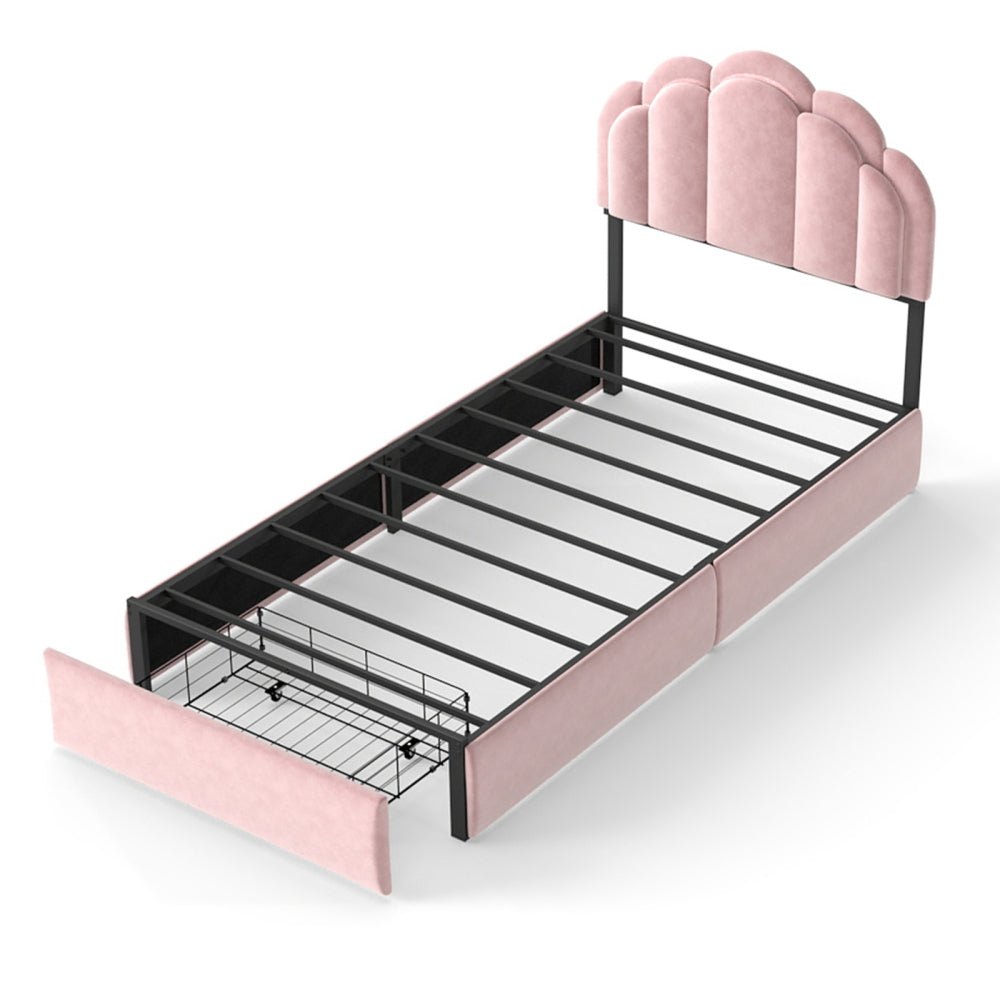 RGB LED Upholstered Platform Bed with Petal Headboard & Storage Drawers, Velvet Kids Bed