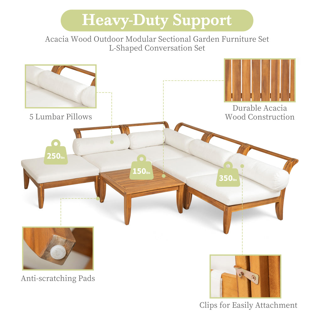 TOPMAX 6 Piece Patio Sofa Set, Acacia Wood Outdoor Modular Sectional Garden Furniture Set L-Shaped Conversation Set, Convertible Daybed with Tea Table, Ottoman, 5 Cushions and Pillows, Teak+Beige
