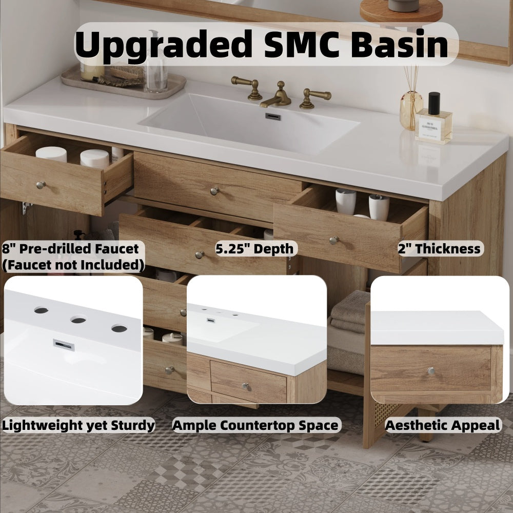 60" Bathroom Vanity with SMC Sink, Modern Large Storage Bathroom Storage Cabinet with Soft Close Drawers and Rattan Doors, Silver Metal Knobs and 5 Pine Legs, Natural