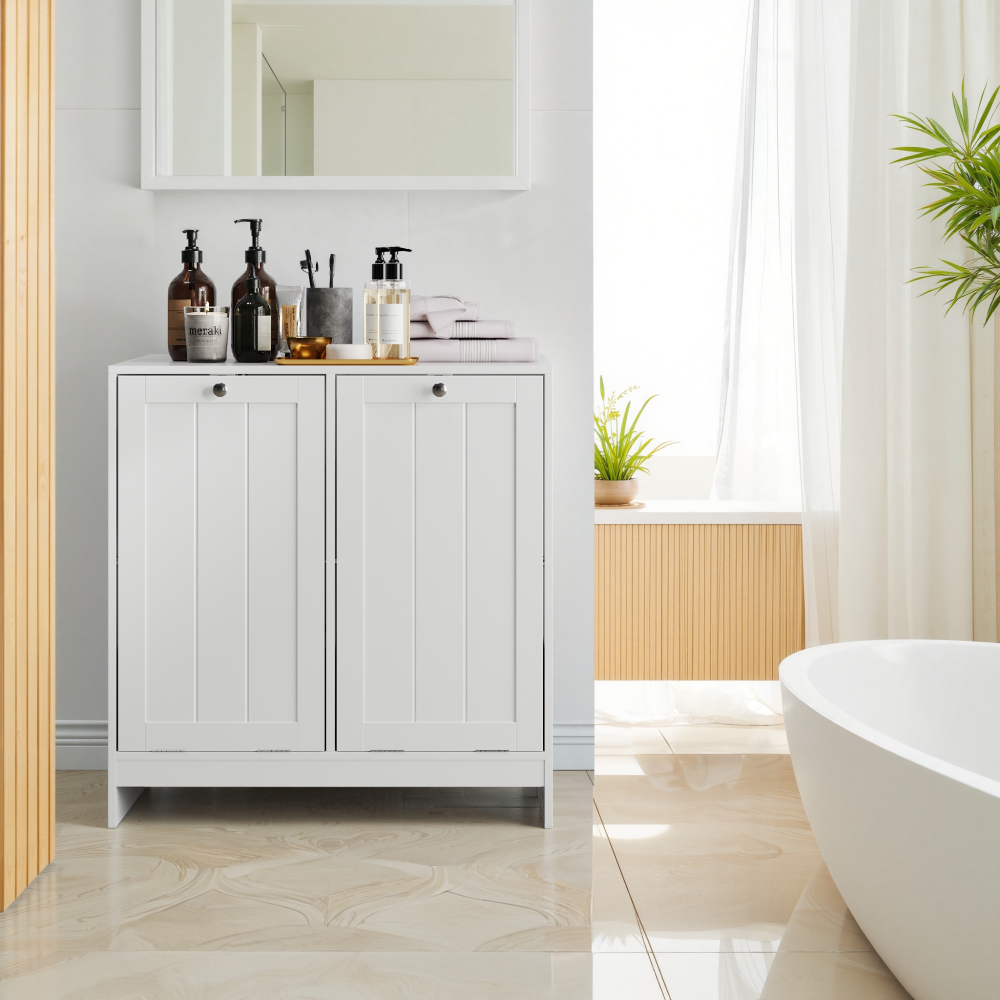 Tilted Laundry Hamper with Removable Basket, Hidden Laundry Hamper, Bathroom Laundry Hamper Storage Cabinet, Free-Standing Home Organizer, White