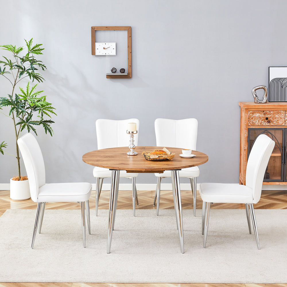 Table and chair set.With a Expandable mechanism,the Wood Grain MDF table top and silver metal legs and has a smooth surface.Paried With 4 White PU Chairs with a vertical stripe design on the backrest.