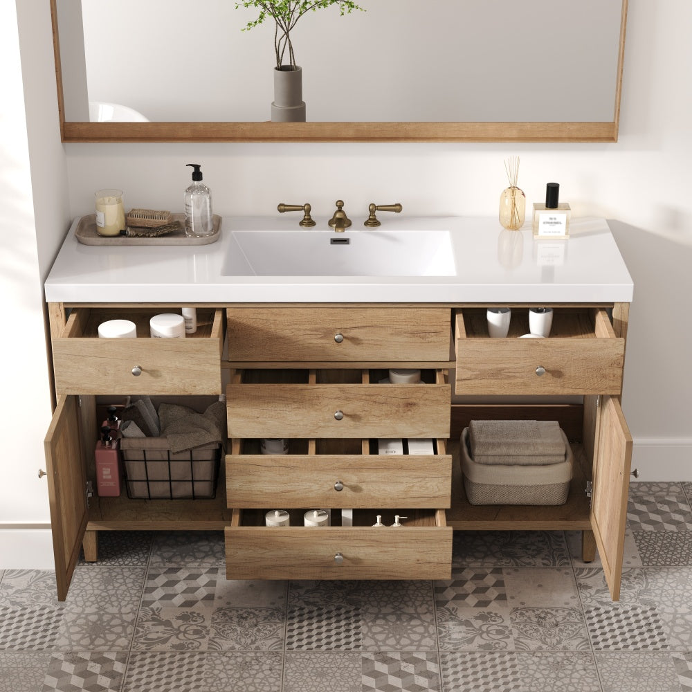 60" Bathroom Vanity with SMC Sink, Modern Large Storage Bathroom Storage Cabinet with Soft Close Drawers and Rattan Doors, Silver Metal Knobs and 5 Pine Legs, Natural