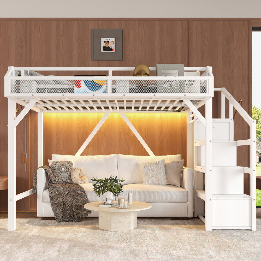 Full Loft Bed with Storage Stairs, Shelves and Built-in Wardrobe, Metal Loft Bed Frame with USB Ports and LED Lights, Noise-reduced Design, Black Woodgrain