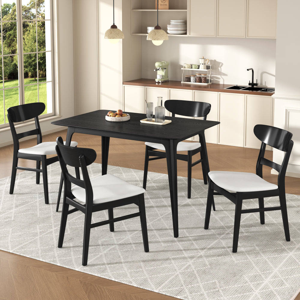 Mid-Century Modern 5-Piece Dining Set, Rubberwood Frame, One Table and 4 Upholstered Chairs, Black +Light Gray